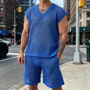 Breathable Mesh Knit Casual Sets - Blue