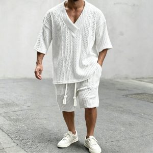 Casual Cable Knit T-shirt Sets - White
