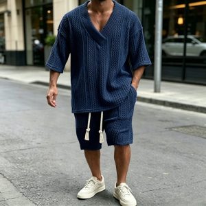 Casual Cable Knit T-shirt Sets - Navy Blue