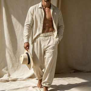 Casual Comfy 100% Cotton Shirt Pants Sets - Khaki