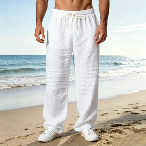 Casual Cotton Drawstring Waist Pants - White