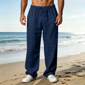 Casual Cotton Drawstring Waist Pants - Navy Blue