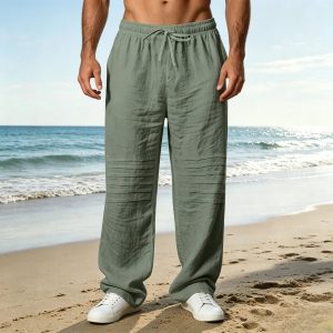 Casual Cotton Drawstring Waist Pants - Green
