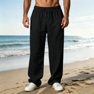 Casual Cotton Drawstring Waist Pants - Black