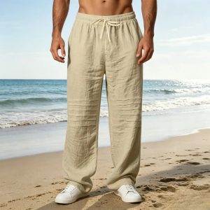 Casual Cotton Drawstring Waist Pants - Khaki