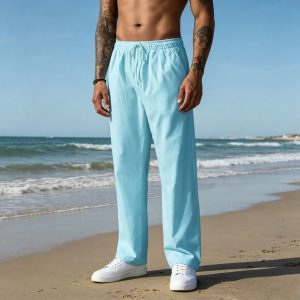 Casual Loose Fit Cotton Linen Straight Pants - Blue