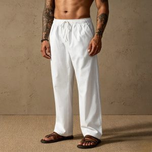 Casual Loose Fit Cotton Linen Straight Pants - White