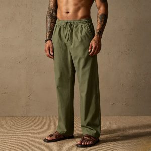 Casual Loose Fit Cotton Linen Straight Pants - Army Green