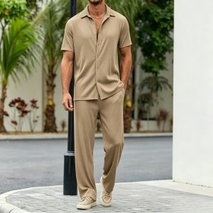 Casual Loose Fit Shirt Sets - Brown