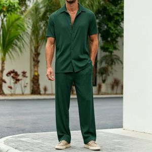 Casual Loose Fit Shirt Sets - Dark Green