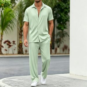 Casual Loose Fit Shirt Sets - Light Green