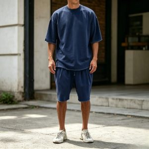 Casual Loose Fit Solid Sports Sets - Navy Blue