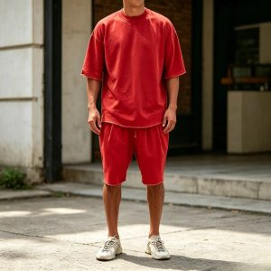 Casual Loose Fit Solid Sports Sets - Red