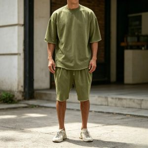Casual Loose Fit Solid Sports Sets - Army Green