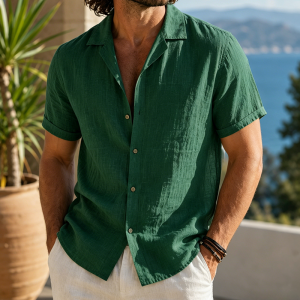 Coastal Breeze Linen Camp Shirts - Forest Green