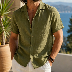 Coastal Breeze Linen Camp Shirts - Olive Green