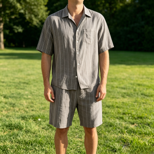 Comfort Cotton Stripe Shirt Shorts Sets - Grey