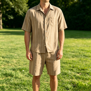 Comfort Cotton Stripe Shirt Shorts Sets - Beige