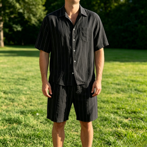 Comfort Cotton Stripe Shirt Shorts Sets - Black