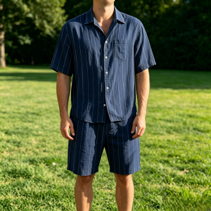 Comfort Cotton Stripe Shirt Shorts Sets - Navy