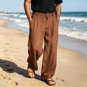 Comfort Fit Cotton Straight Pants - Brown