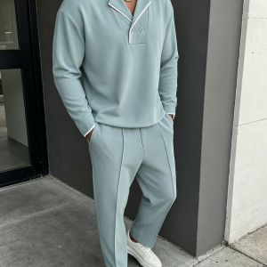 Contrast Color Trim Matching Top And Pants Sets - Clear Blue