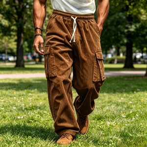 Corduroy Straight Leg Cargo Pants - Brown