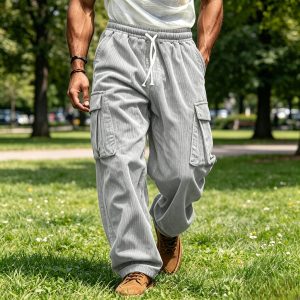Corduroy Straight Leg Cargo Pants - Grey
