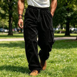 Corduroy Straight Leg Cargo Pants - Black