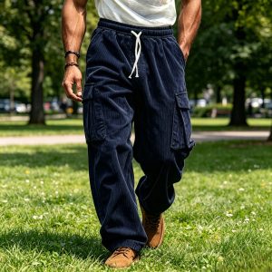 Corduroy Straight Leg Cargo Pants - Navy Blue