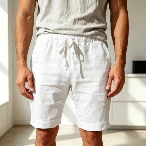 Cotton Linen Drawstring Casual Shorts - White