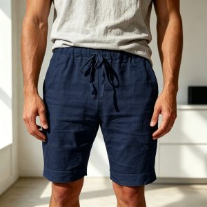 Cotton Linen Drawstring Casual Shorts - Dark Blue