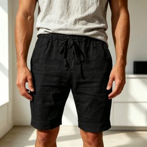Cotton Linen Drawstring Casual Shorts - Black