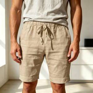 Cotton Linen Drawstring Casual Shorts - Khaki