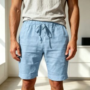 Cotton Linen Drawstring Casual Shorts - Light Blue