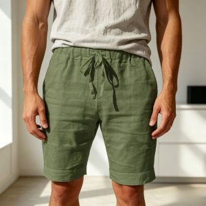 Cotton Linen Drawstring Casual Shorts - Army Green