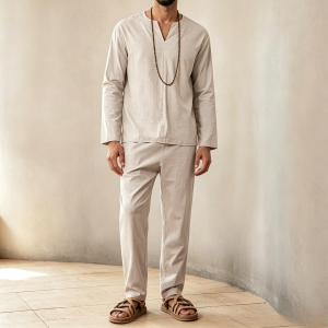 Cozy Linen Blend Shirt Sets - Beige
