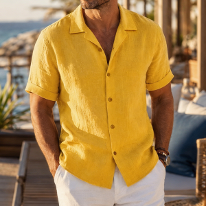 Linen Short Sleeve Button Down Shirt - Lemon Yellow