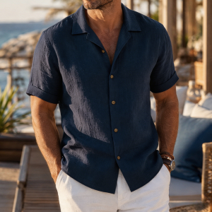 Linen Short Sleeve Button Down Shirt - Navy