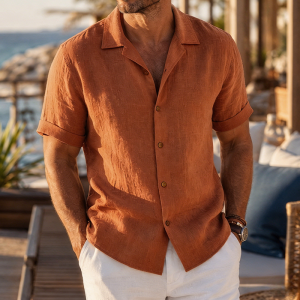 Linen Short Sleeve Button Down Shirt - Terracotta