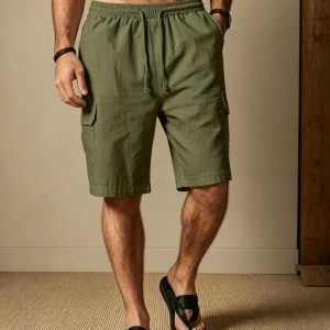 Linen Style Casual With Pockets Shorts - Green