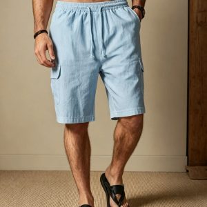 Linen Style Casual With Pockets Shorts - Blue