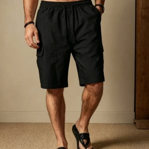 Linen Style Casual With Pockets Shorts - Black