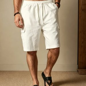 Linen Style Casual With Pockets Shorts - White