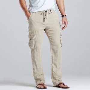 Men Linen Cargo Drawstring Pants - Beige
