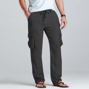Men Linen Cargo Drawstring Pants - Black