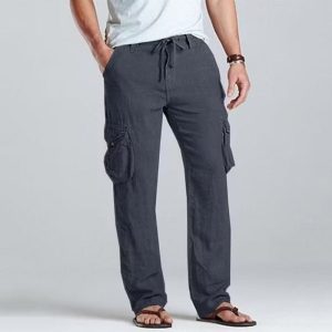 Men Linen Cargo Drawstring Pants - Blue
