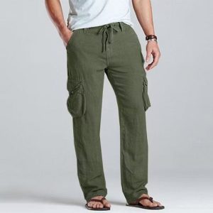 Men Linen Cargo Drawstring Pants - Green