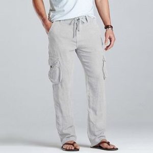 Men Linen Cargo Drawstring Pants - White