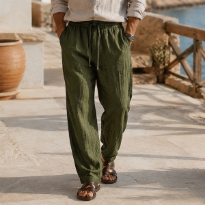 Men's Beach Vacation Loose-Fit Lightweight Linen Trousers - Army Green